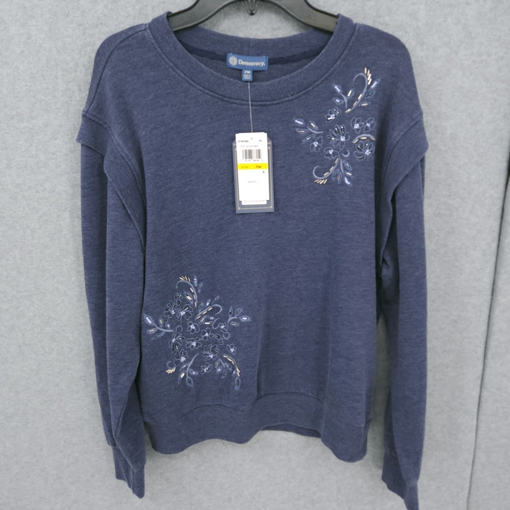 Democracy Embellished Layered Sleeve Pullover Sweatshirt Womens Size PM NWT